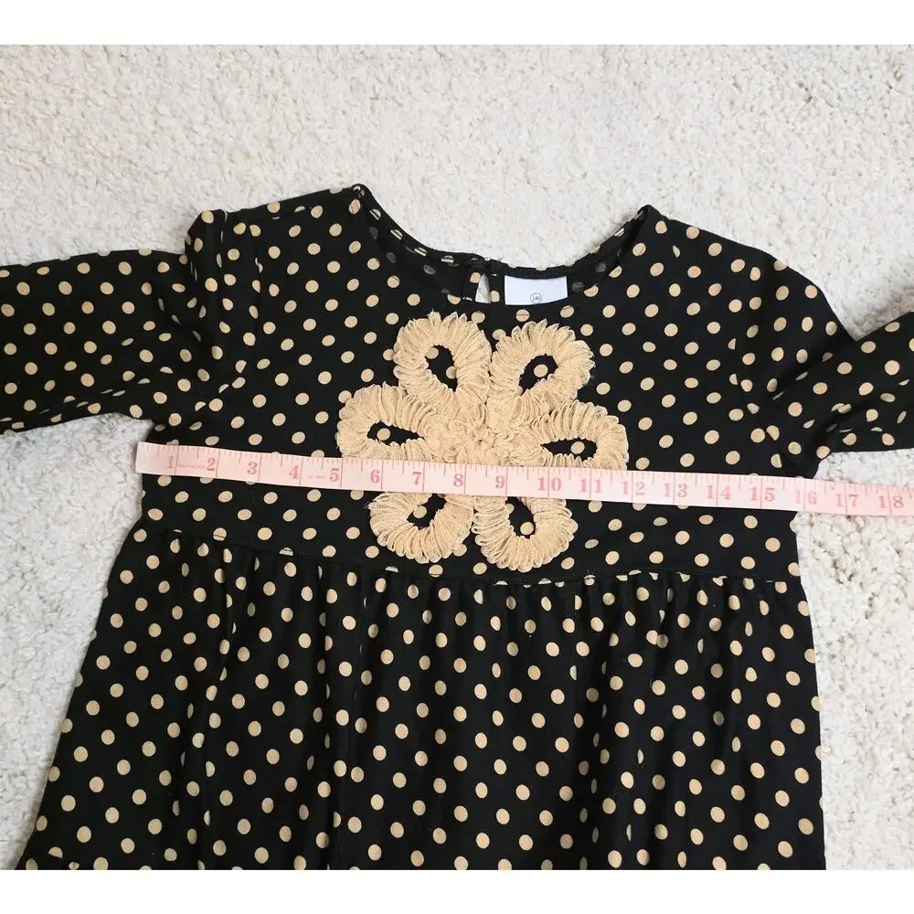 Hanna Anderson Dress Girl's 140 (US 10) 9-10 Years Old Black Gold Polka Dots